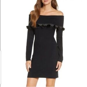 Lilly Pulitzer Dunham Off Shoulder Black Pom Pom Long Sleeve Knit Sweater Dress